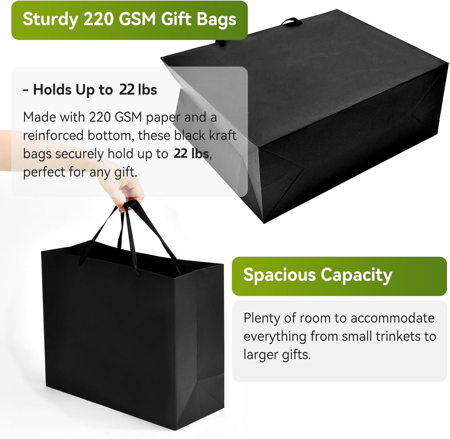 Large Black Gift Bags with Handles, 15x6x12 Inch Kraft Paper Large Gift Bags for Wedding, Party, Birthday, Business and Shopping, XL-3Pcs - Image 3