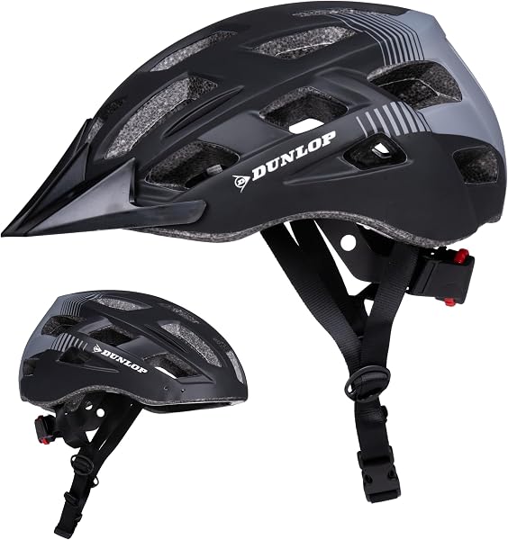 Dunlop Casco da bicicletta con luce - Casco da bicicletta per uomo e donna - Regolabile da 55 a 58 cm - Misura del casco da bicicletta - con illuminazione a LED - 3 modalità di luce - Nero - 1