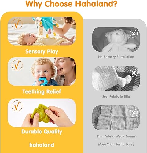 Miniatura 8 de hahaland Manta de seguridad Baby Lovey, juguete sensorial colgante de felpa con mordedor, sonajero y arruga para bebés de 0 a 3 a 6 a 12 meses