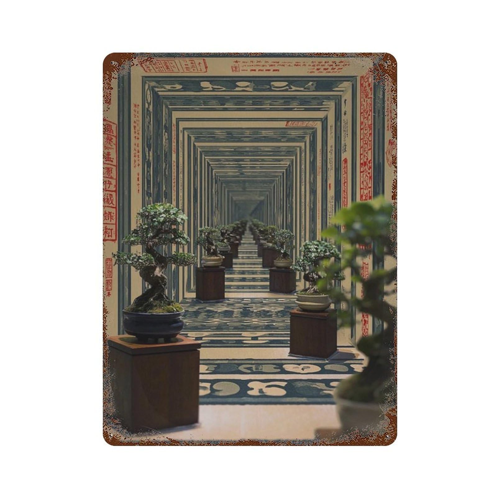 xiaoxiaoshen Bonsai Corridor Japanese Architectural Perspective Zen Interior Hallway Wall Decor Art Metal Tin Poster Modern Home Decor Art Home Bar Shop Decorations Vintage Sign 40x30cm