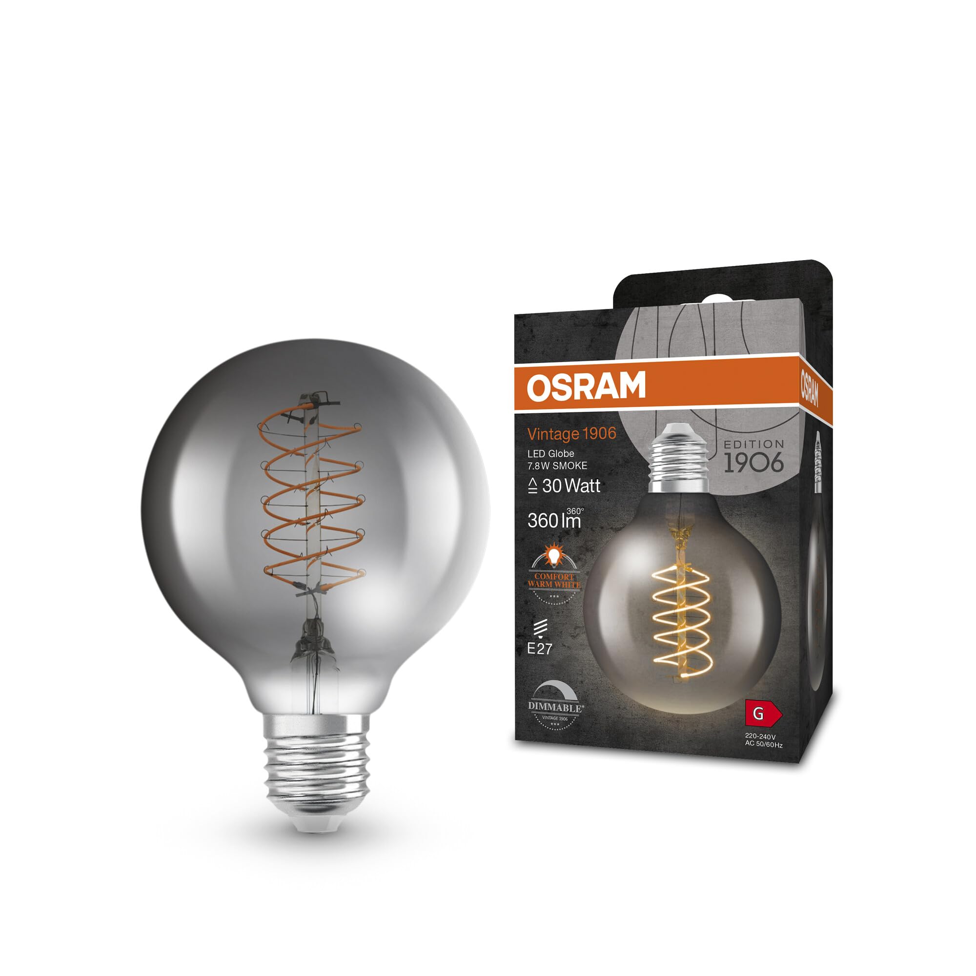 OSRAM Vintage 1906 Led Lamp with Smoke Tint, 7.8W, 360Lm, Ball Shape with 80Mm Diameter and E27 Socket, Warm White Light Color, Spiral Filament, Dimmable, Up to 15,000 Hours of Lifespan