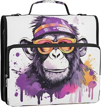 Violet Monkey Sunglasses Zipper Binder 3 Ring with Shoulder Strap and Handle Multiple Pockets Expanding File Folder Organizer