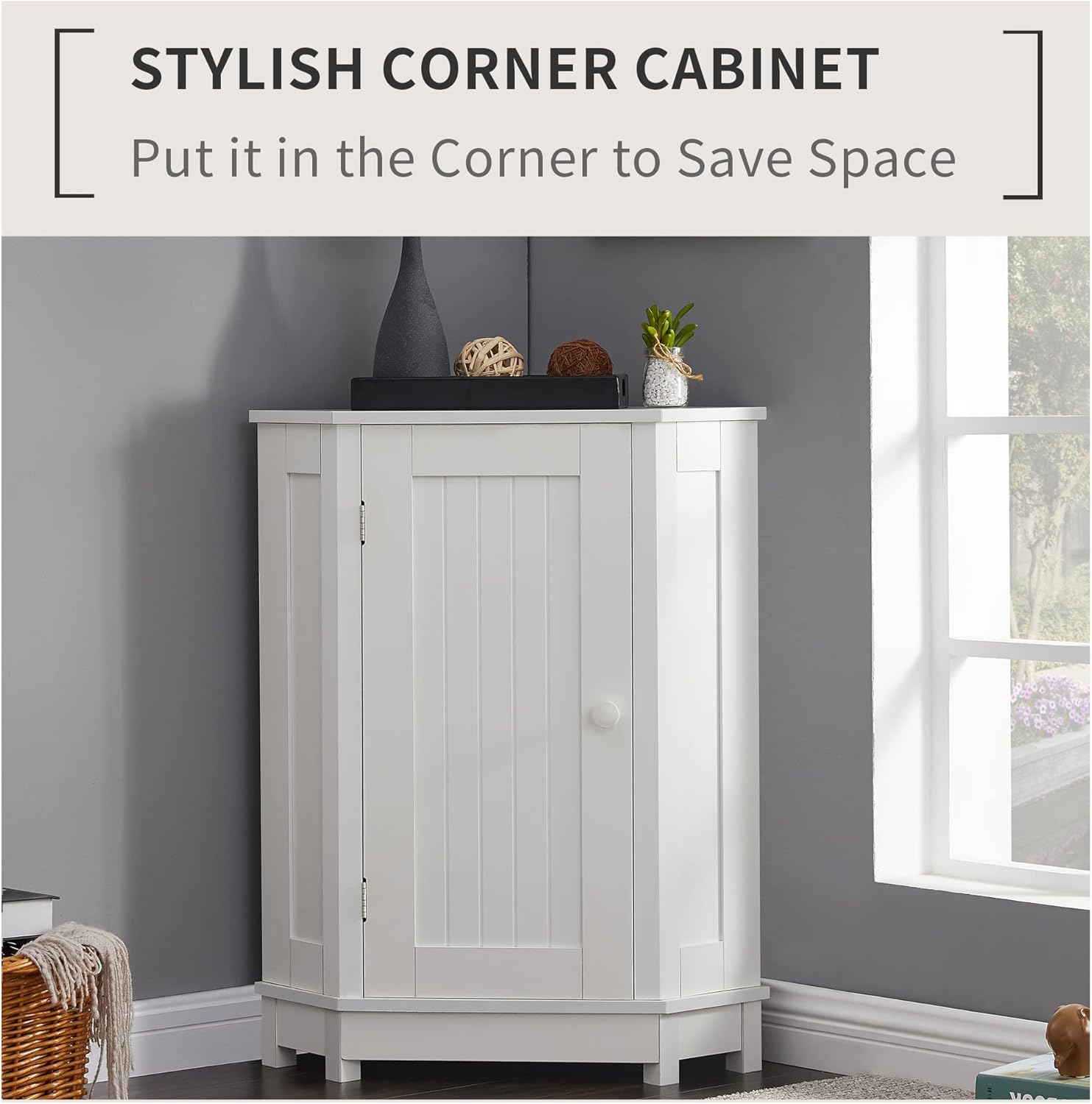 MTHOUSE Corner Storage Cabinet with Doors, Triangle Bathroom Cabinet with Adjustable Shelves, Space-Saving Freestanding Organizer for Bathroom, Kitchen, Living Room or Bedroom (White)