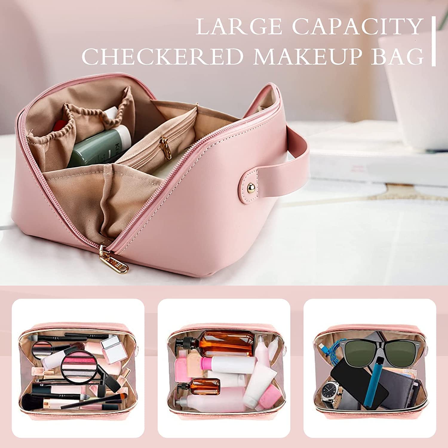 VENEXA Travel Makeup Bag,Large Cosmetic Bag, Travel Cosmetic Bags for Women,Waterproof Portable Pouch Open Flat Toiletry Make up Bag Organizer with Divider and Handle and Extra Pouch (Pink) 1