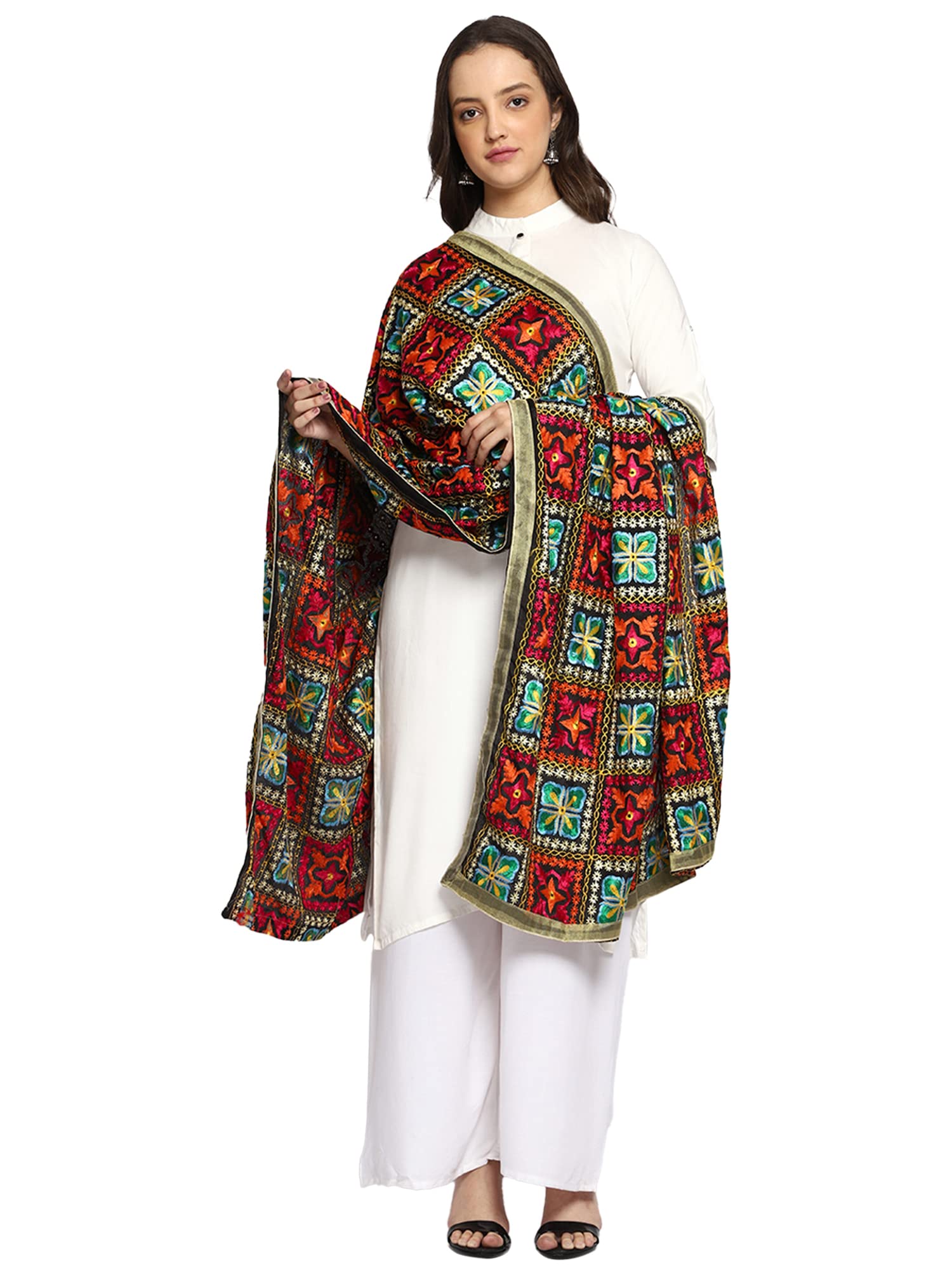 Weavers Villa Women's Polyester Heavy Phulkari Embroided Dupatta, Chunni (2.25 Mtrs) (Design-01)