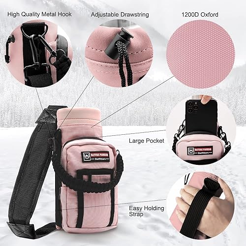 Vista 151 de NATURE PIONEOR Soporte para botella de agua con correa ajustable – 25/32/40 onzas, funda aislante para botella de agua con mango de paracaídas y 2