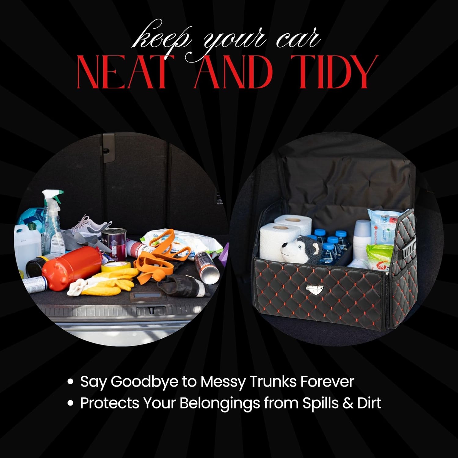 Leather Trunk Organizer with Lid for Suv and more, Foldable Car Organizer, Car Organizers and Storage with Pockets, Non-Slip Design (Red-Black)