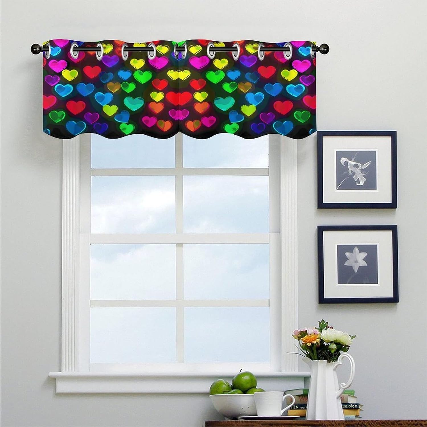 Rainbow Hearts 2 Pack Valance Curtains Window Treatments. Adjustable Curtain with Rod Pocket.Cafe Curtains is Half Curtains for Privacy Decorative 52x18.1 Inch.