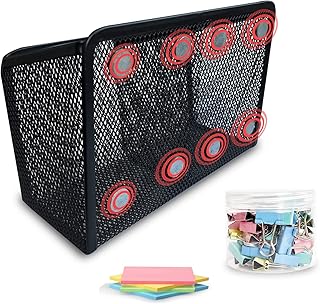 FENRIDAN Magnetic Pencil Holder,Strong Magnet Pen Holder with Binder Clips and sticky note, Metal Mesh Pencil Basket for W...