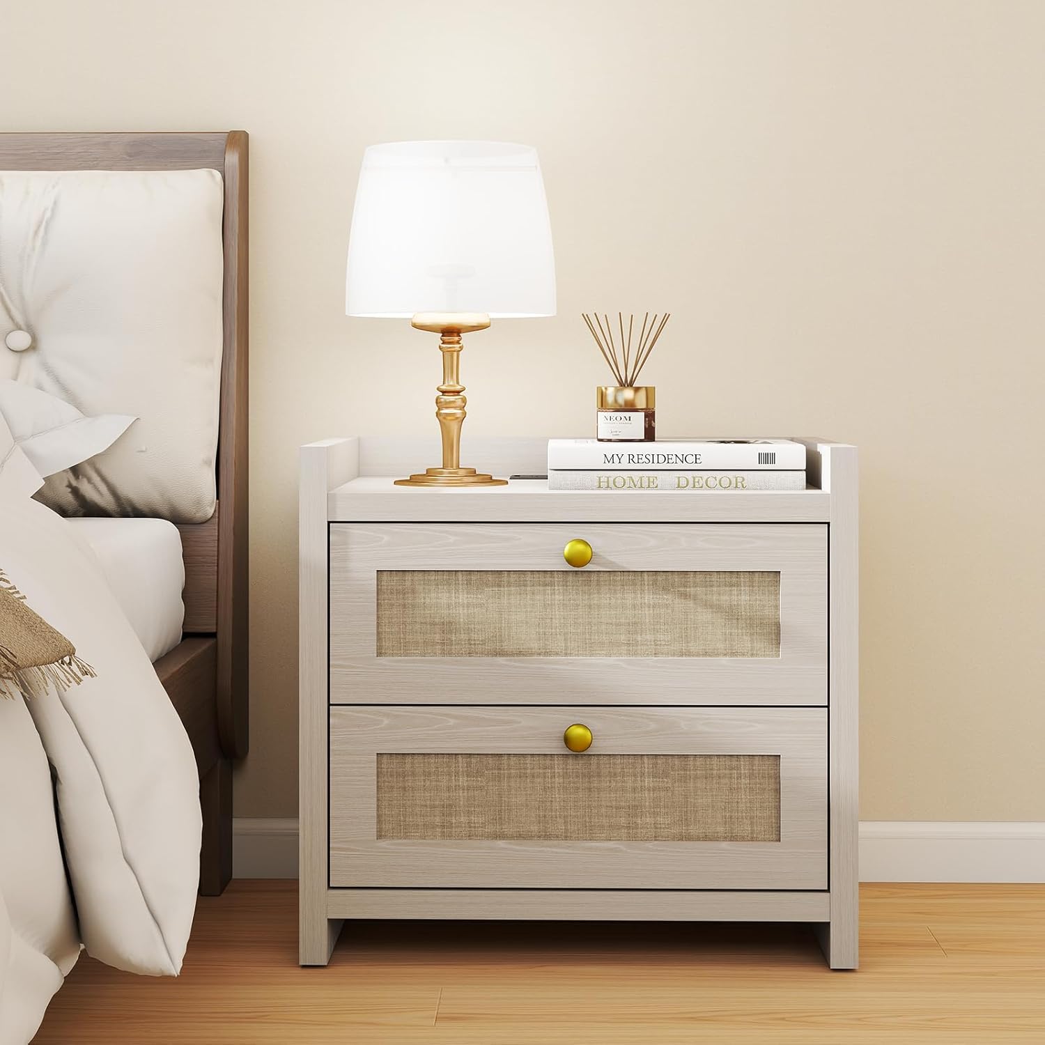 23.6" Nightstand, Boho Wooden Bedside Table with Charging Station for Bedroom, Farmhouse Rustic Large Wide Night Stands with 2 Soft Close Drawers, Beige Ash