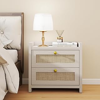 23.6" Nightstand, Boho Wooden Bedside Table with Charging Station for Bedroom, Farmhouse Rustic Large Wide Night Stands with 2 Soft Close Drawers, Beige Ash