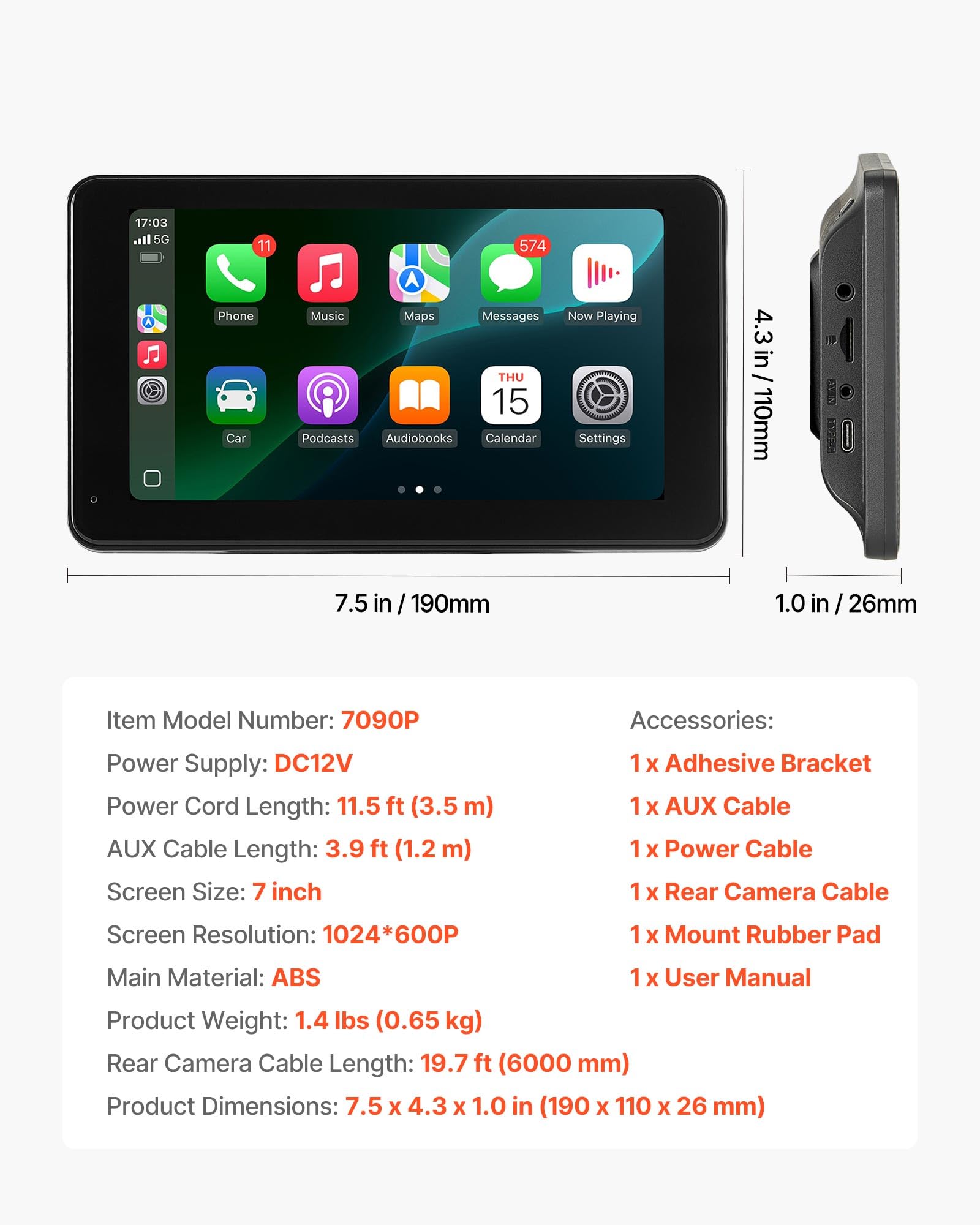 VEVOR Estéreo Inalámbrico para Coche, Radio Portátil HD de 177,8 mm con Pantalla Táctil Compatible con Apple CarPlay y Android Auto, Cámara de Respaldo, Control de Voz, Bluetooth, Navegación GPS