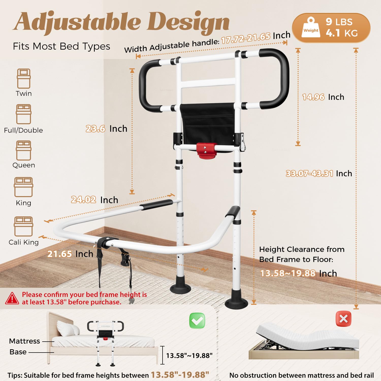 Riel de cama plegable para adultos mayores con luz de sensor de movimiento, mango de asistencia de seguridad ajustable con correas seguras, soporte de mesita de noche resistente, se adapta a