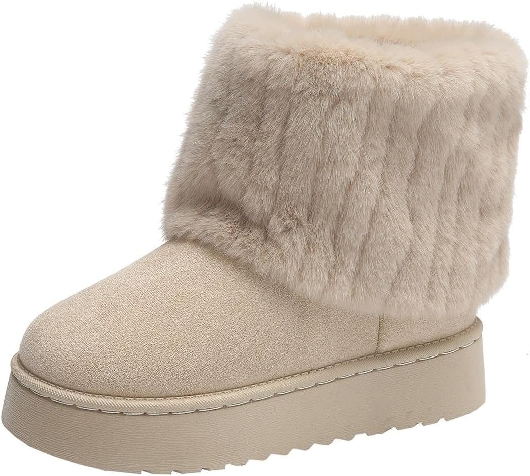 Women's Furry Mid Calf Boots Faux Fur Round Toe Platform Snow Boots Suede Warm Fur Lined Boot Flat Comfort Cozy Outdoor Winter
