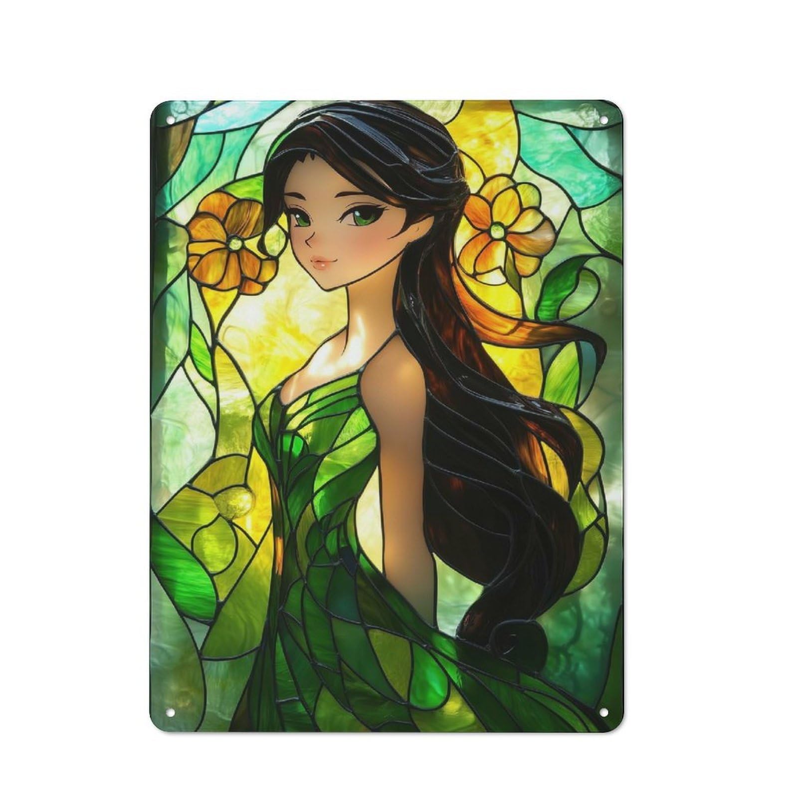Junmoney Style-10 Stained Glass Woman Rustic Metal Wall Sign 40X30cm For Bar Or Restaurant, A Decorative Metal Sign For Bars And Restaurants