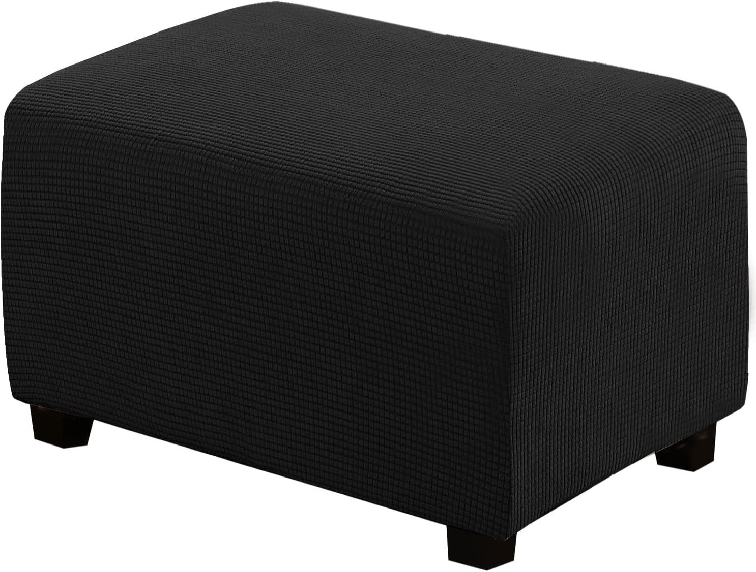 Storage Ottoman Cover Solid Color Rectangle Stool Cover Non Slip Foot Rest Cover Stretch Jacquard Fabric Footstool Slipcover, Machine Washable -Black-X-Large