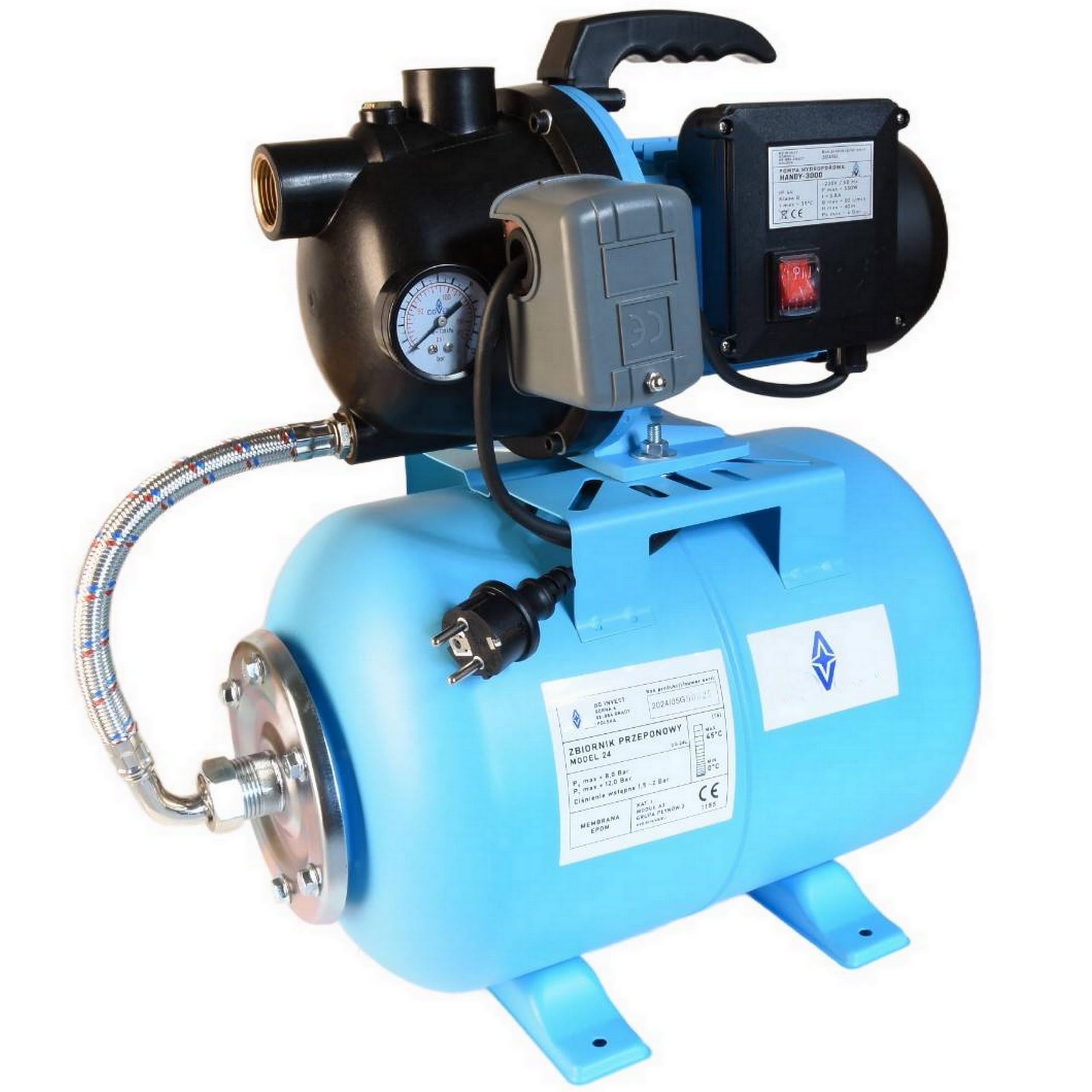 Hydrofor do Wody 24L ZESTAW HYDROFOROWY Pompa Hydroforowa HANDY 3000 (550 W, 3000 l/h, max. podnoszenie 40 m) Zbiornik Przeponowy 24 Litry Osprzęt WYDAJNY