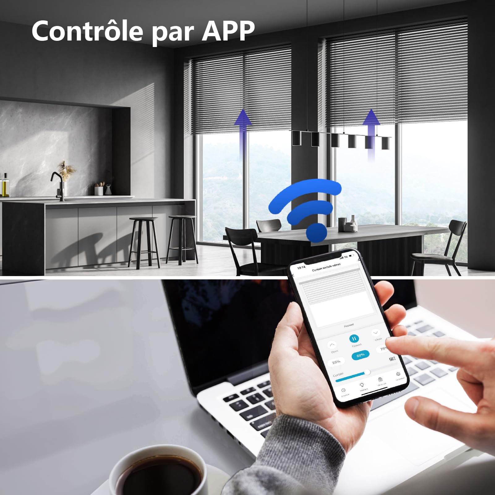 Interrupteur Volet Roulant Connecté, 80 * 80 mm Interrupteur Tactile de Stores Compatible avec Alexa/Google Home, Équipé un Écran LCD en Pourcentage Contôle à Distance (Fil Neutre Requis)
