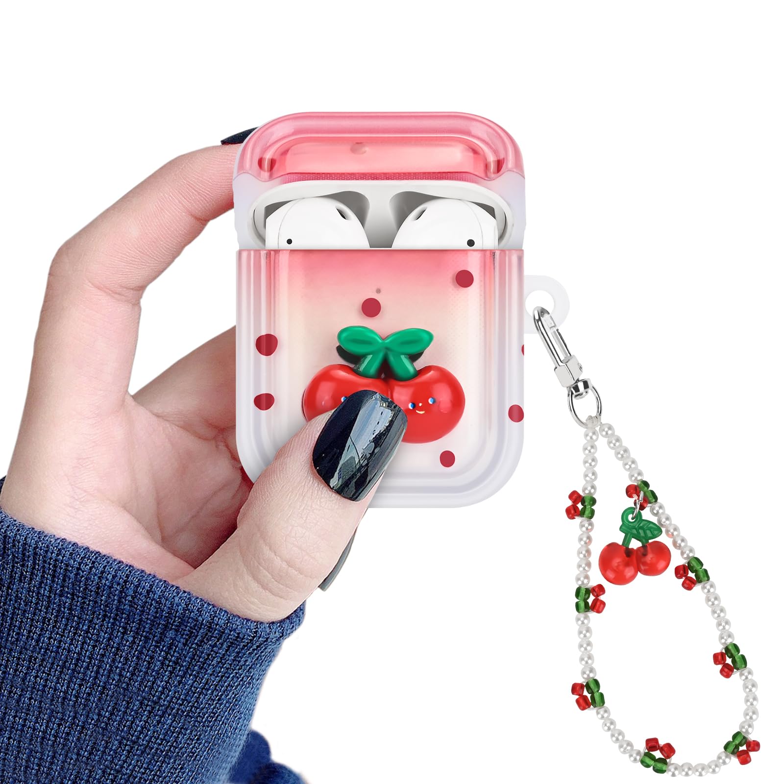CameCosy Case Compatible for Airpods 1/2 Generation with Wrist Keyring, Cute Cover with 3D Red Cherry Design for Girls Women, Protective Case in