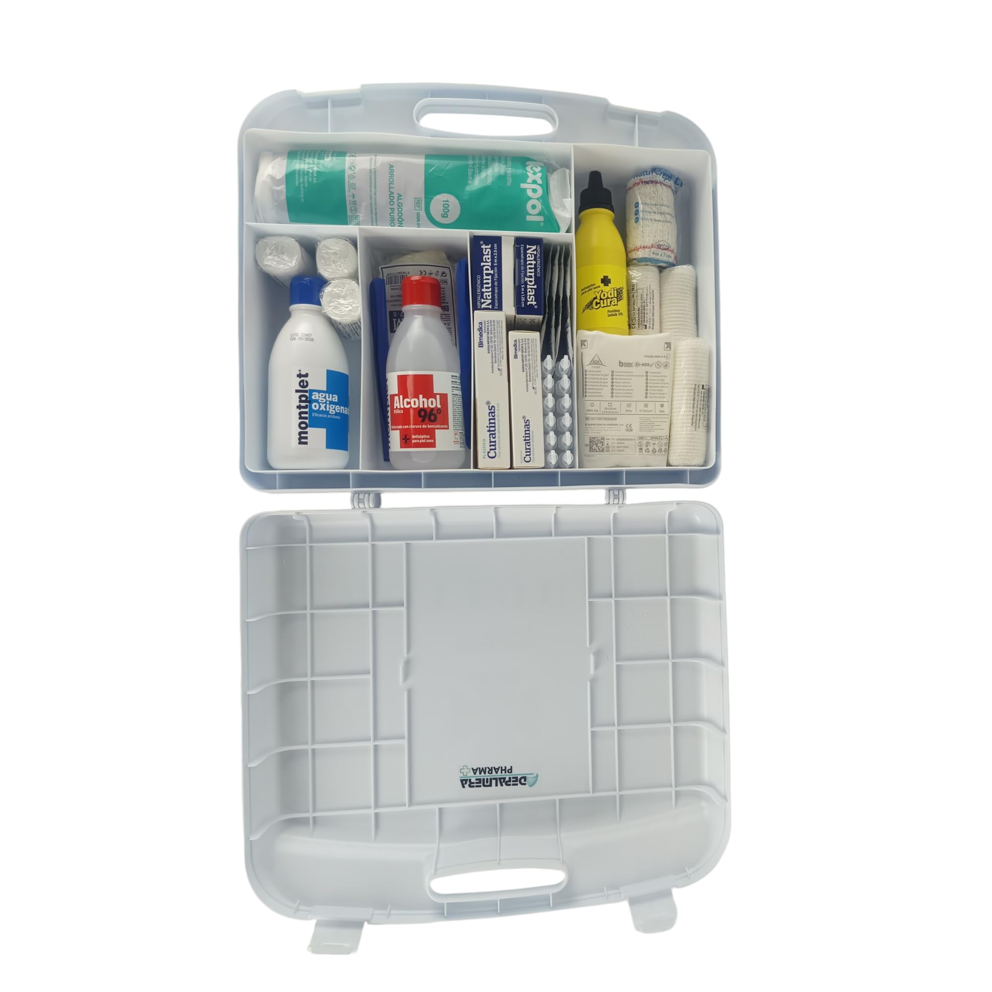 Pharma✙ Botiquín de Primeros Auxilios para Hogar y Trabajo, Maletín completo homologado 38x34x9cm con Vendas, Gasas, Guantes, Alcohol, Agua Oxigenada y Más, Ideal para Emergencias en casa.