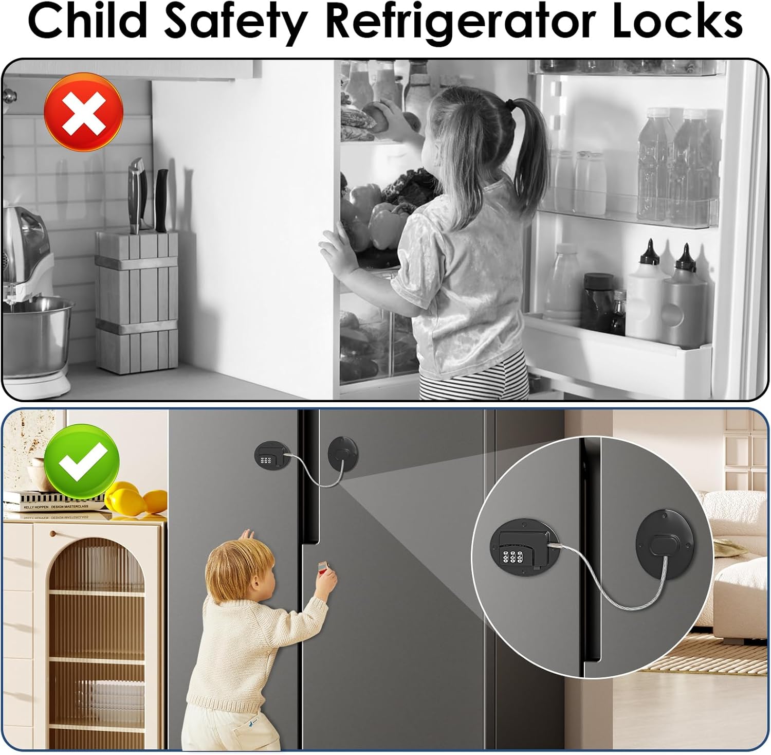 Refrigerator Lock 4Pcs,Combination Child Safety Cabinet Locks,Heavy Duty Baby Proof Fridge Lock for Drawers,Closets,Windows,Doors