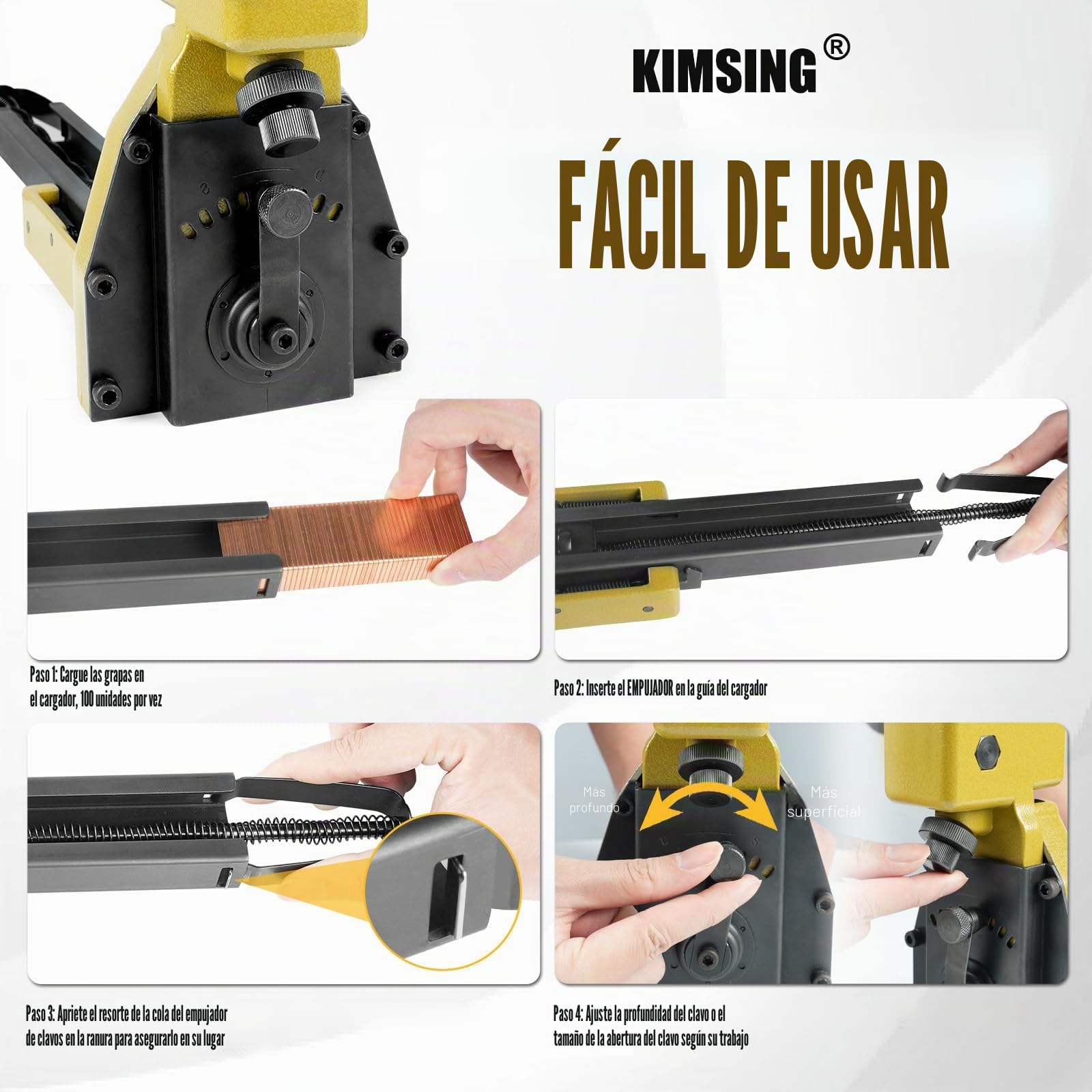 HB3518 Grapadora Manual para Cerrar Cajas de Cartón con Extractor de Grapas, Calibre 16, Corona de 34.7mm, Máquina de Grapar Cajas de Cartón para Plegado | Sin compresor, ligera en magnesio, profundidad ajustable para cartones, con extractor y empujador