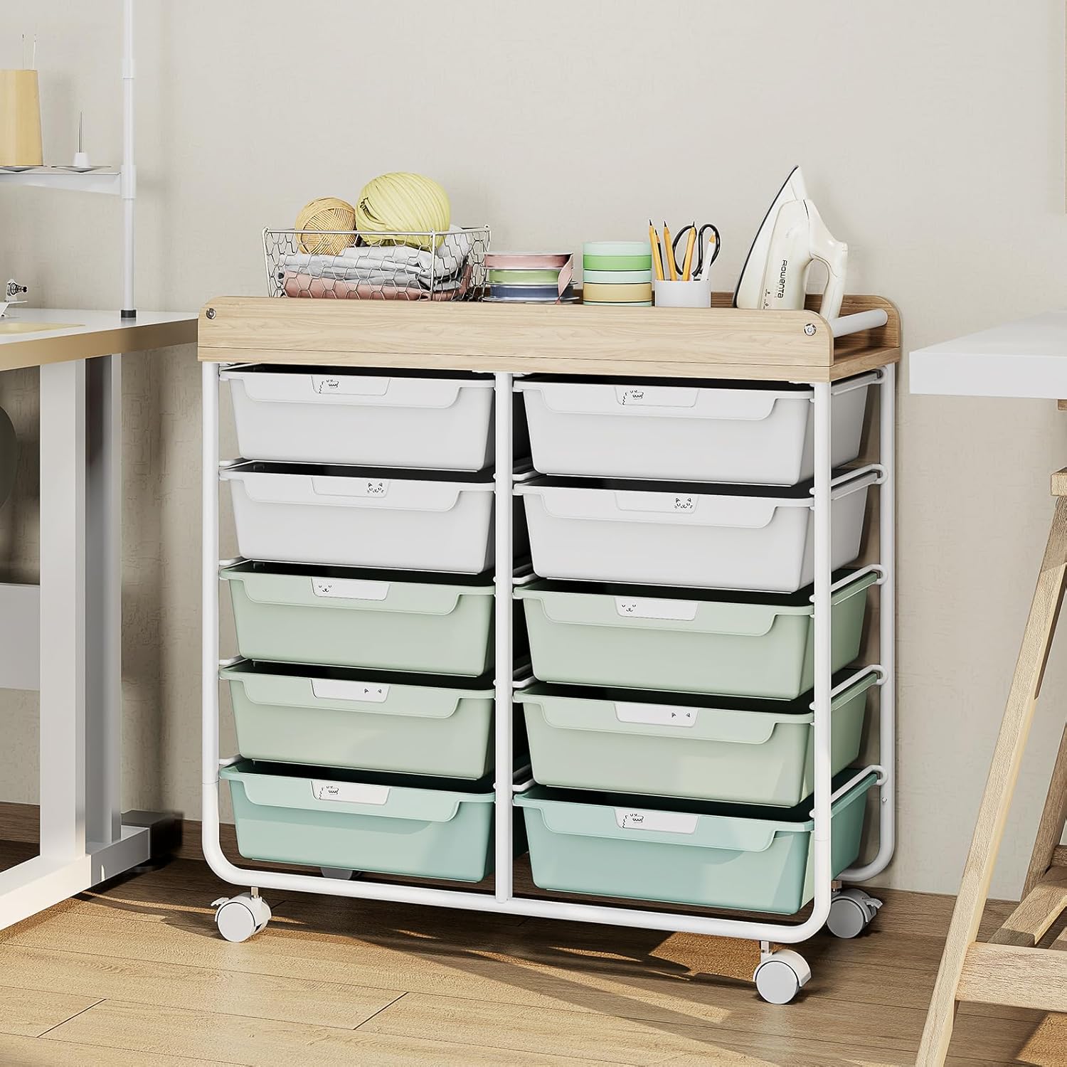 10 Drawers Rolling Cart with Wooden Tabletop, Utility Storage Cart with Wheels, Art Supply Craft Organizer on Wheel with Metal Frame & Handles for Home Office School,Green