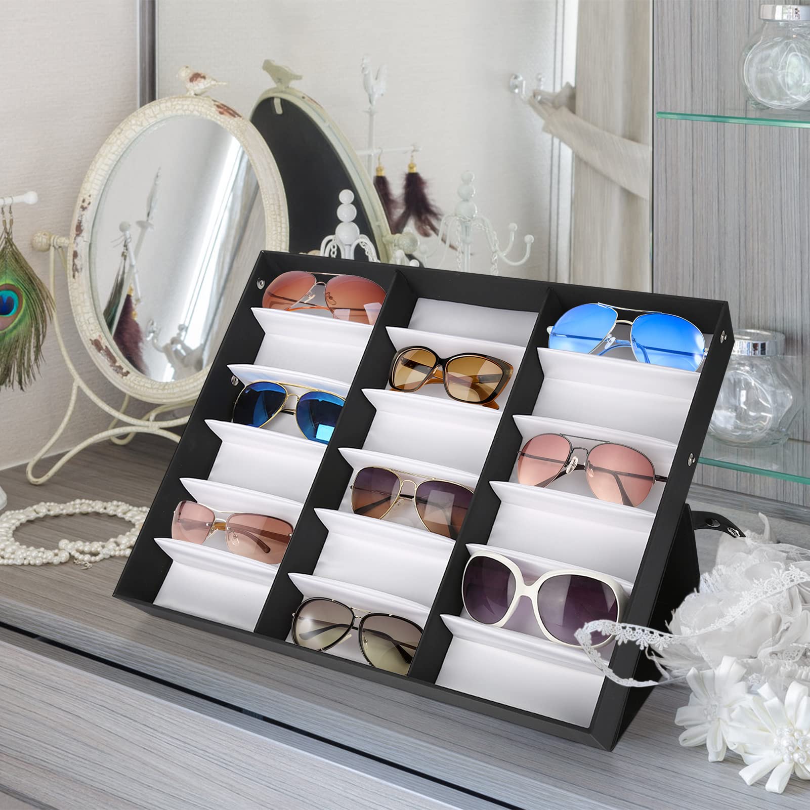 Ausla Boîte de Rangement pour Lunettes, 18 Fentes, Verrouillable avec Couvercle Pliable, Présentoir Organisateur