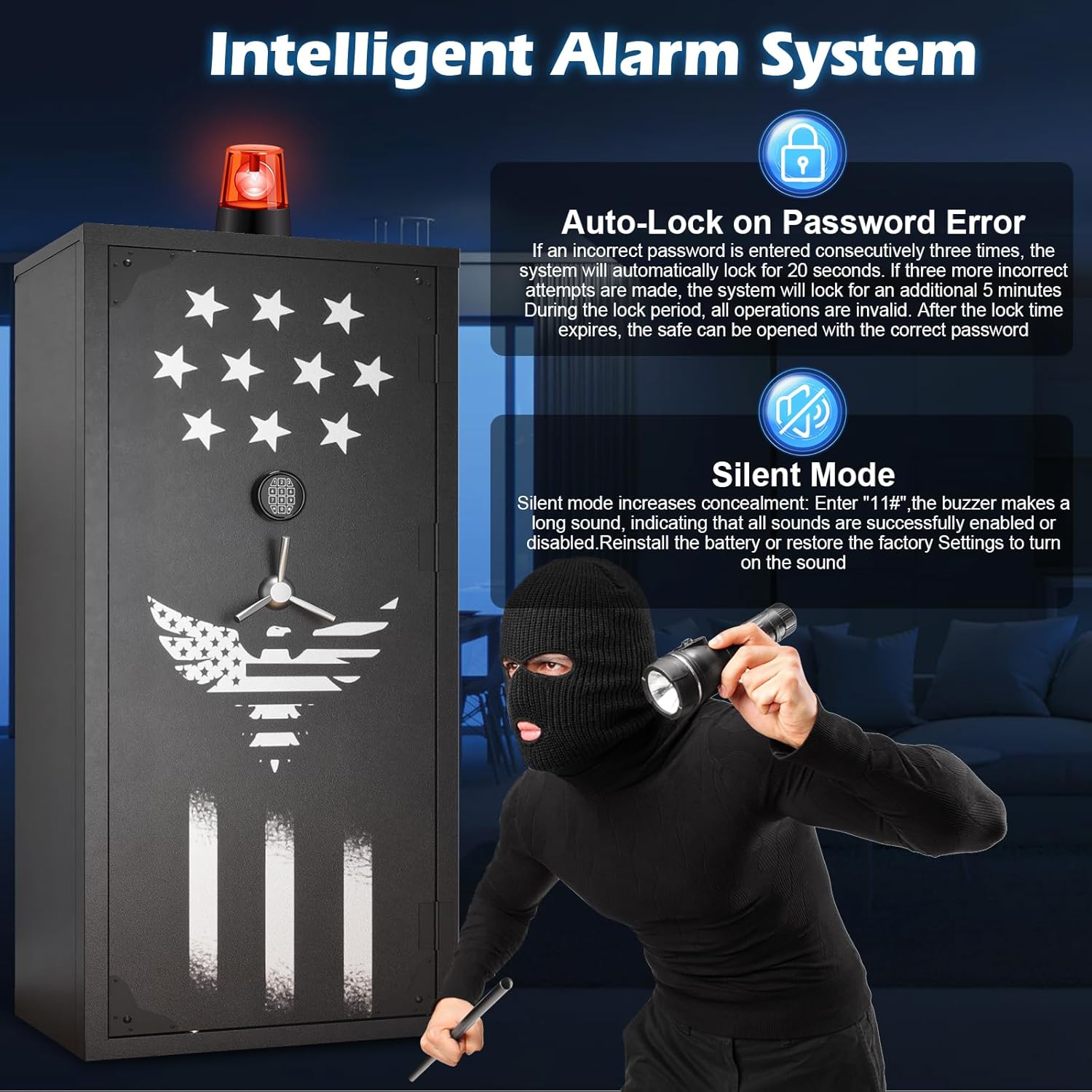 Image showing the rifle safe with an alarm light on top and text explaining Auto-Lock on Password Error and Silent Mode. A person in a balaclava with a flashlight and crowbar is depicted next to the safe.