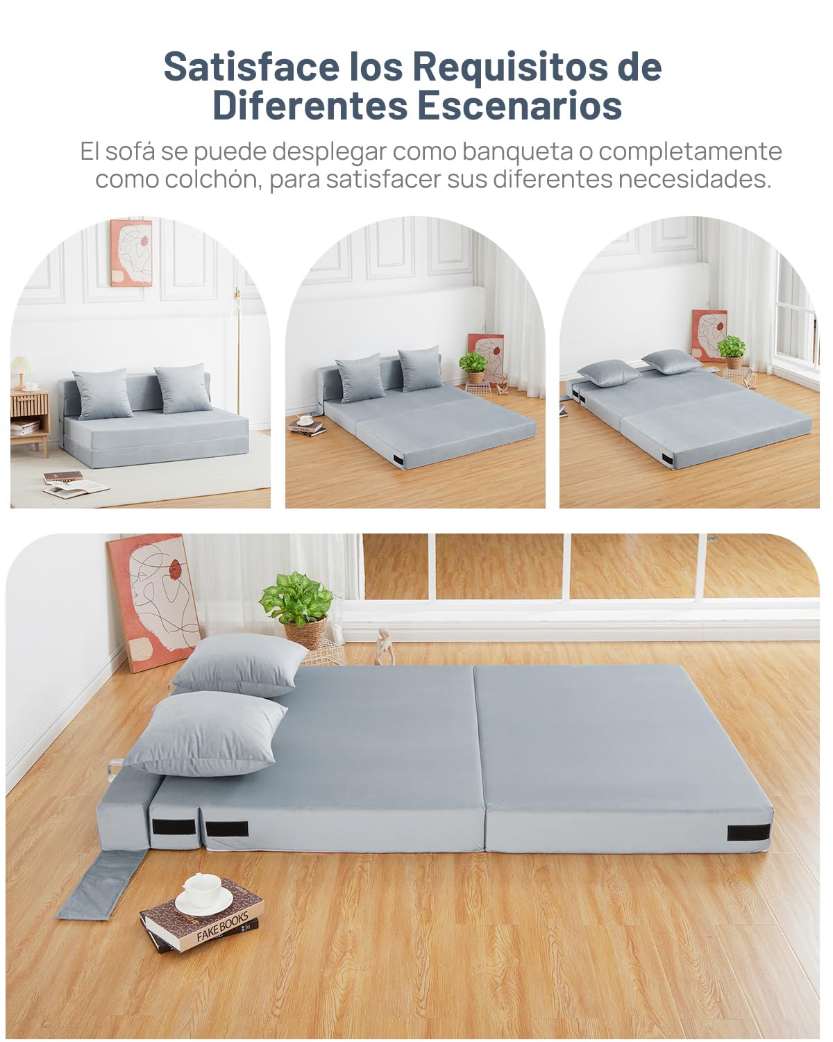HAUSPROFI Sofá Cama 2 Plazas, 140x200 cm Cama Plegable con Funda Terciopelo Y 2 Cojines, Funda Extraíble Lavable, Colchón Plegable Espuma Poliuretano Alta Elasticidad (Gris)