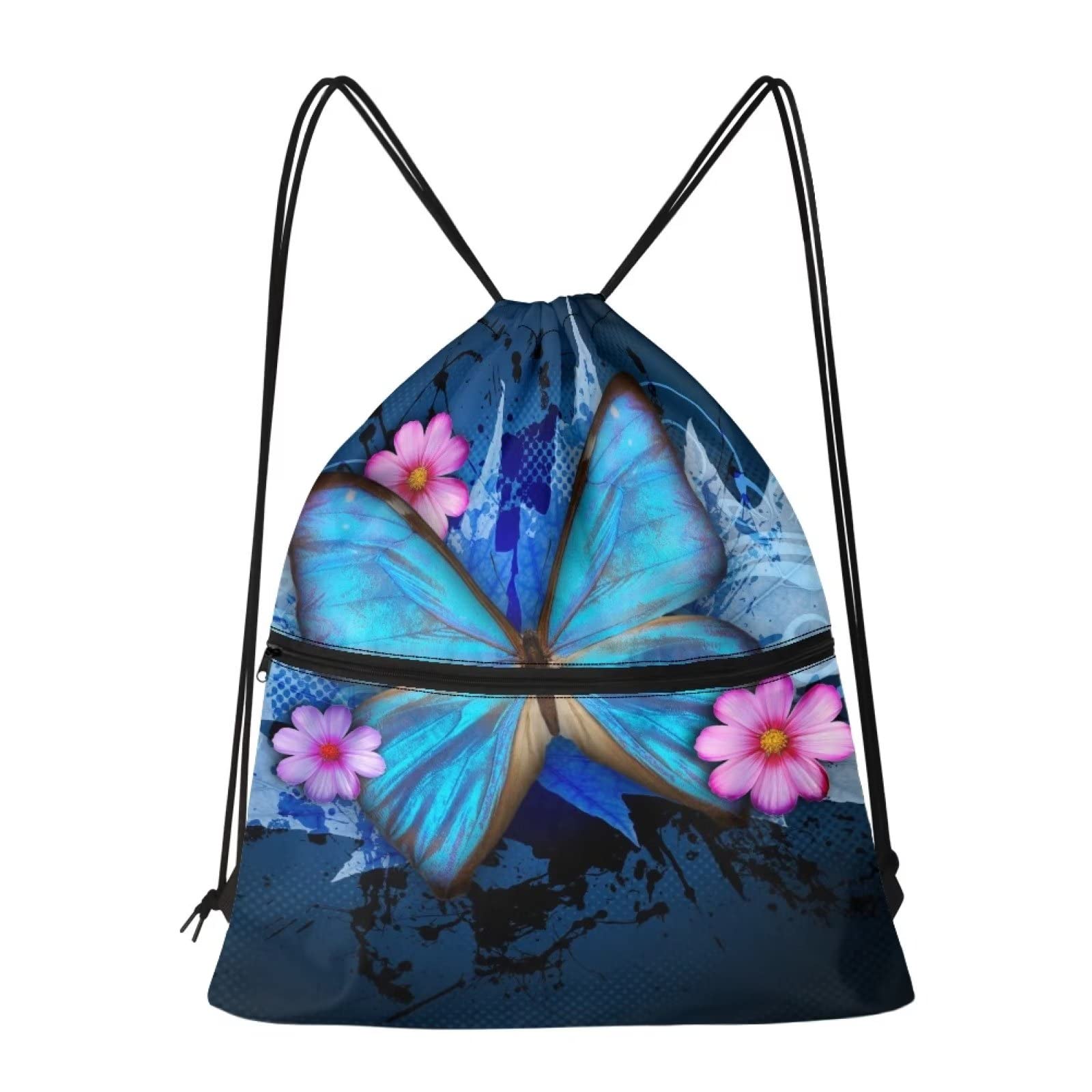 Dolyues Butterfly Flower Drawstring Bags, Blue, for Girl Women Swimming String Bag with Zipper Gym Sport Rucksack Large Lightweight Sackpack