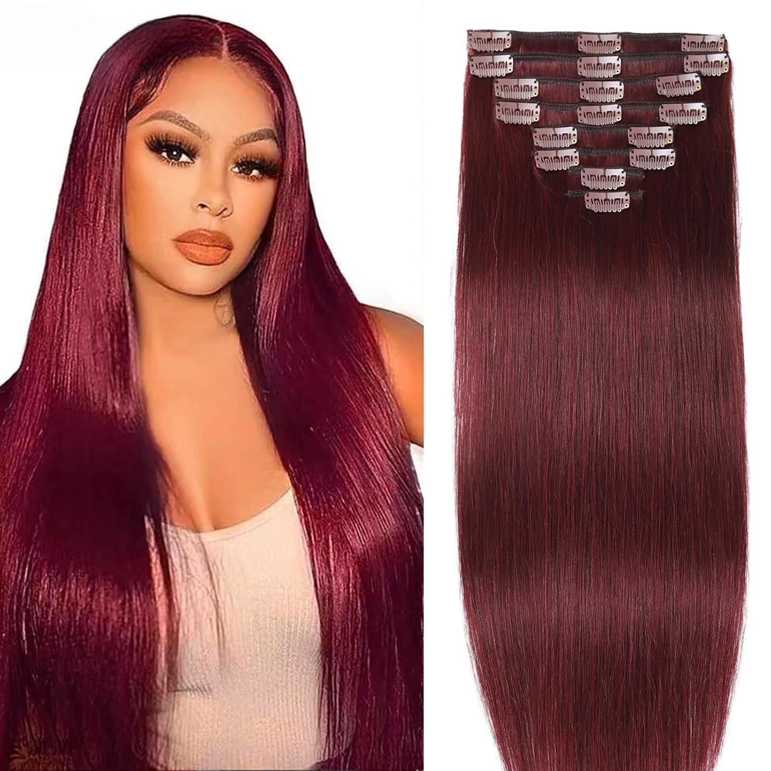 Burgundy Reddish Hair Extensions Clip ins Straight Clip in Hair Extensions Real Human Hair Premium Soft 8pcs Remy Human Hair Clip in Extensions for Women (#99J 24Inch)