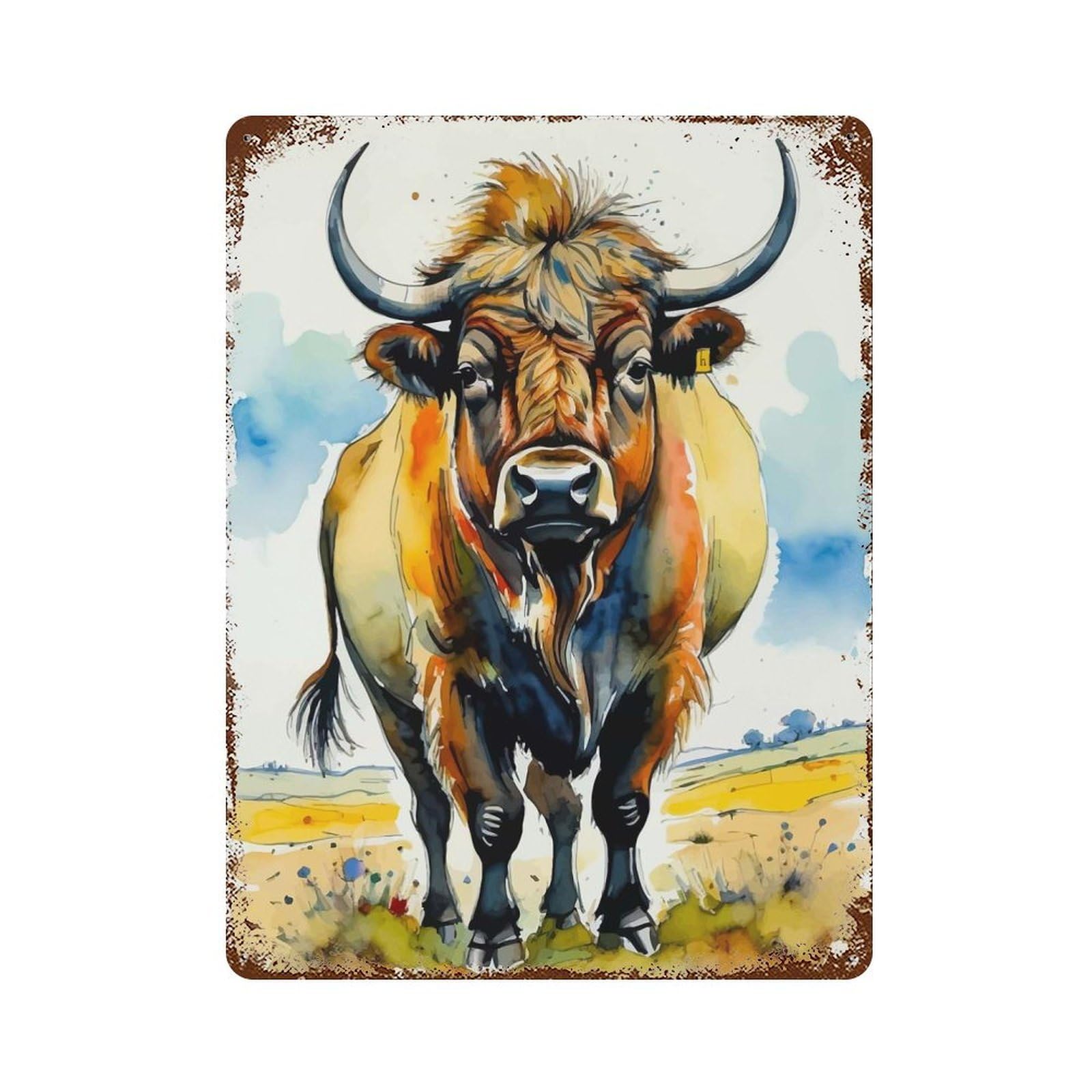 Distressed Metal Wall Sign with Watercolor Highland Cow Portrait Design 15.7"x11.8", for Living Room, Hallway And Home Decor, Vintage Wall Decor
