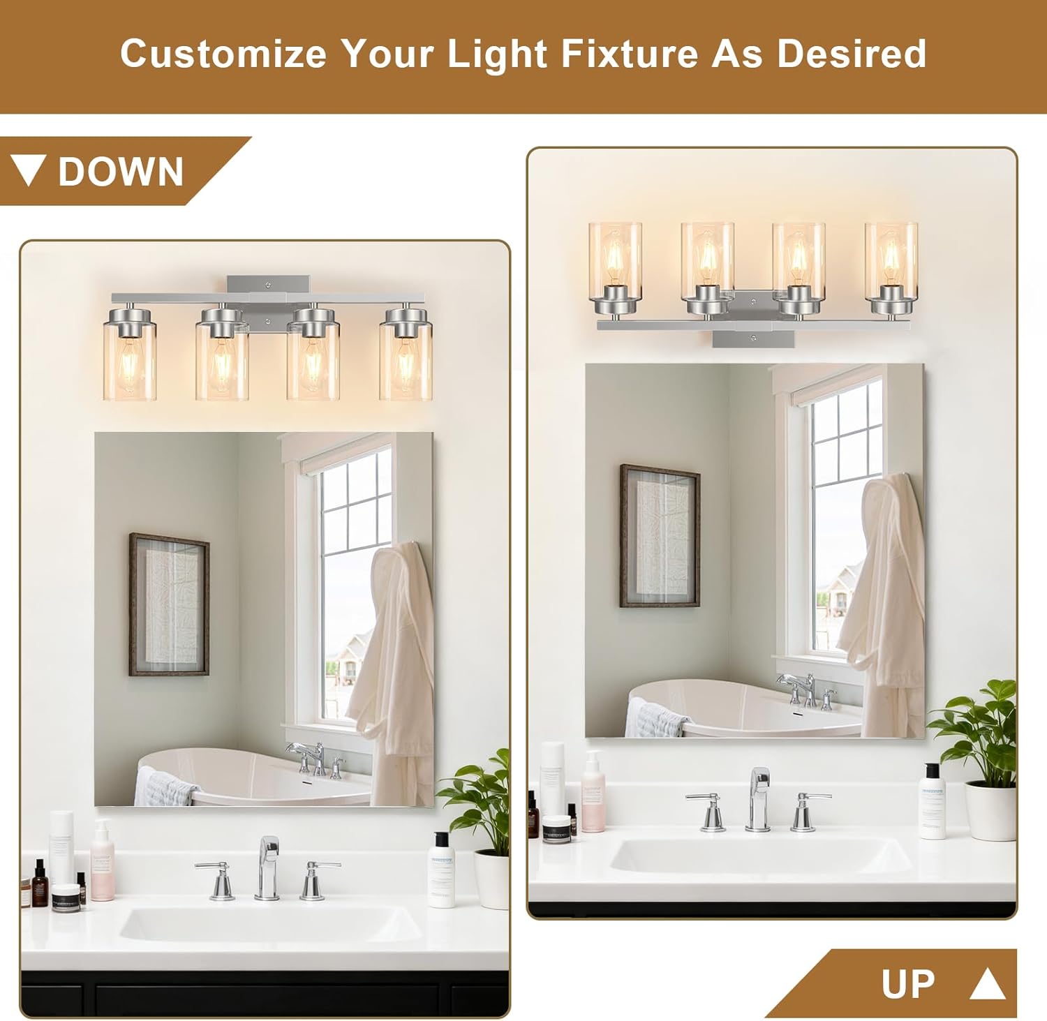 IZORRO Modern Bathroom Light Fixtures, 4 Light Brushed Nickel Vanity Lights, Bathroom Lighting Fixtures Over Mirror with Clear Glass for Living Room Cabinet Bedroom