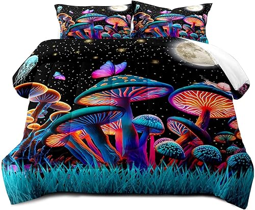 Miniatura 9 de LUVIVIHOME Juego de edredón de 2 piezas, color verde azulado con hongos trippy, tamaño individual, ropa de cama para niños y niñas, plantas