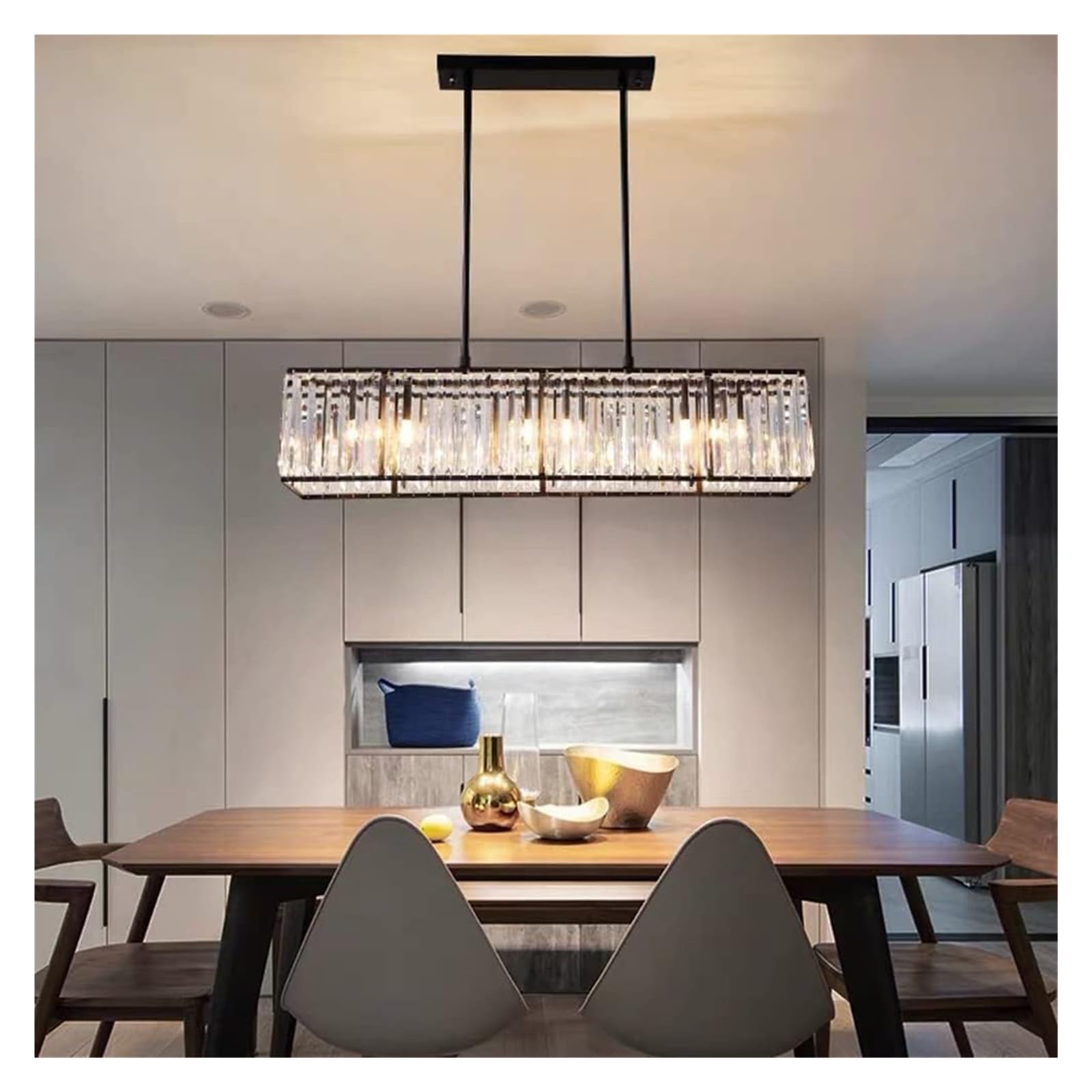 Matowy czarny kryształowy żyrandol - wpuszczana lampa wisząca LED z 4 światłami do kuchni i salonu - elegancki prostokątny design - nowoczesna oprawa oświetleniowa do domu