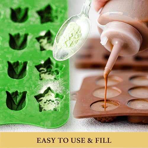 Miniatura 5 de Moldes de silicona para flores de chocolate, 4 unidades, 11 formas, 60 cavidades, molde para fondant de chocolate, tamaño bocado, rosa, floral, para