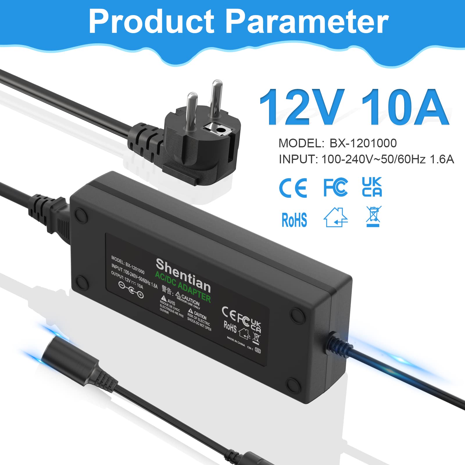 Accendisigari per Auto Adattatore AC a DC 100V-240V a 12V Alimentatore Caricabatteria Universale Nero 12V 10A