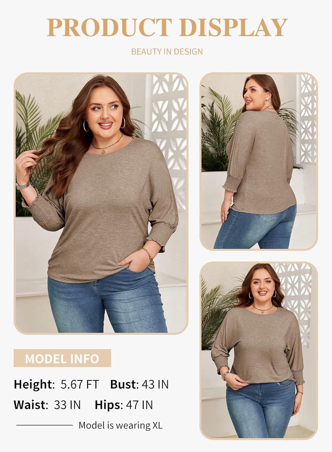 Eytino Plus Size Tops for Women Crew Neck 3/4 Sleeve T-Shirts Loose Casual Solid Basic Business Tees Blouses(1X-5X) - Image 4