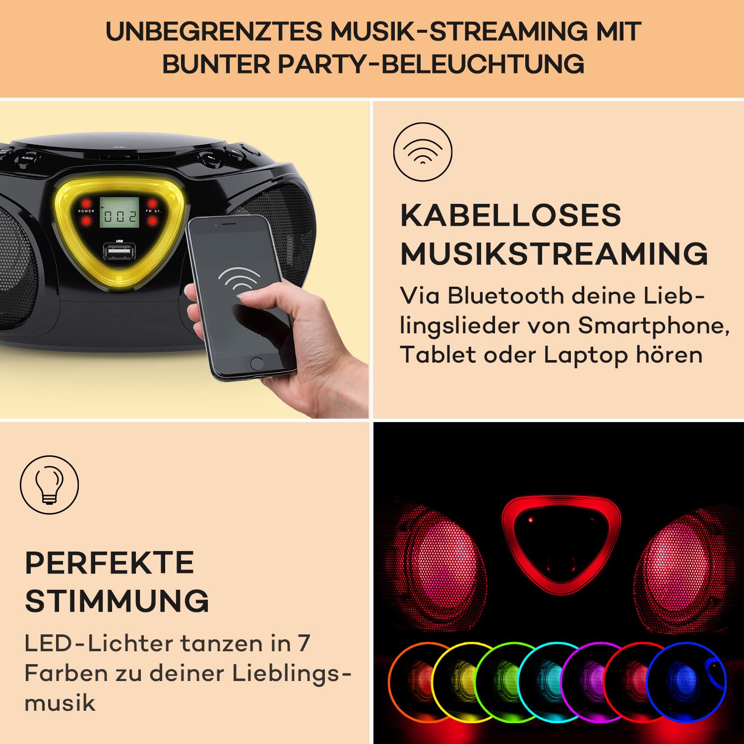 auna Roadie - CD-Radio, Stereoanlage, Boombox, USB, MP3, UKW-Radiotuner, Bluetooth 2.1, LED-Beleuchtung, 2 x 1,5 W RMS-Leistung, Netz- und Batterie-Betrieb, schwarz