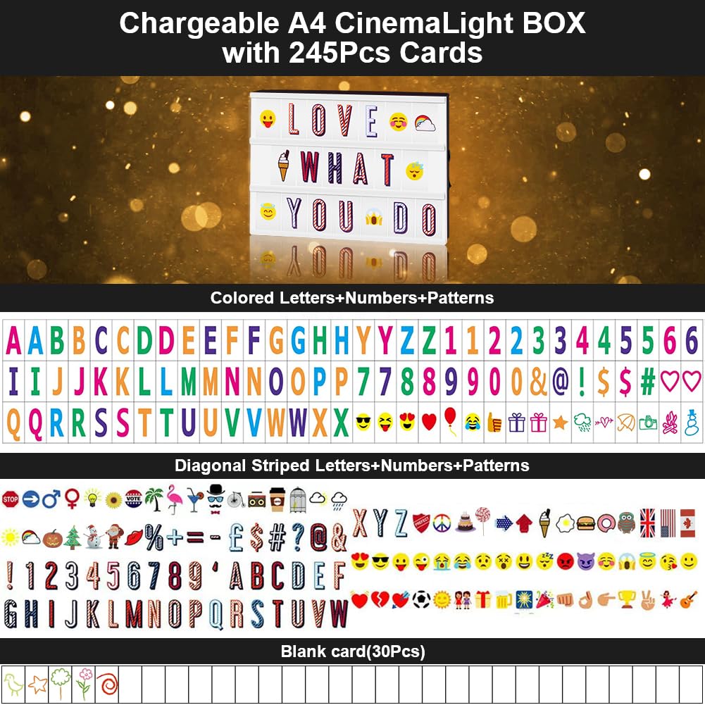 HOTUT Lichtbox mit Buchstaben Deko,Kinder Light Box mit 215 Buchstaben und Emojis,2 Stifte,30 Karten,16 Farbwechsel 4 Blitzmodi, Einstellbare Helligkeit für Schlafzimmer Bar Cafés Geschäfte