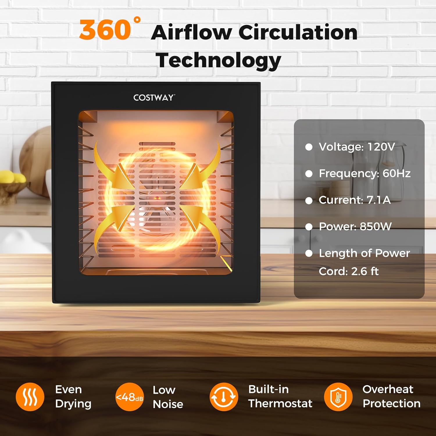 Diagram illustrating 360 degree airflow circulation within the dehydrator