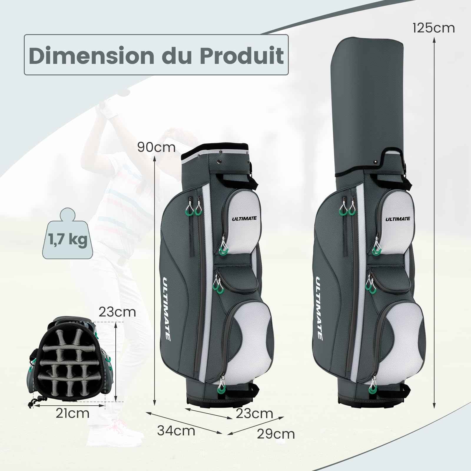 GOPLUS Sac de Golf trépied, Sac de Chariot de Golf léger avec 14 Compartiments séparés au Dessus, 7 Poches zippées, Poche pour Objets de Valeur, Sac Isotherme pour Boissons, bandoulière