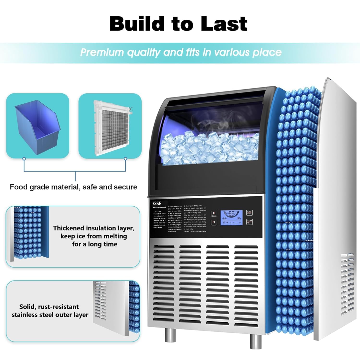 GSE Macchina per Cubetti Di Ghiaccio Commerciale 68kg/24h Fabbricatore Ghiaccio Con Schermo LCD Macchina Ghiaccio in Acciaio Inossidabile,Macchina Ghiaccio per Casa,Ristorante,Bar,Caffetteria (70 PCS)