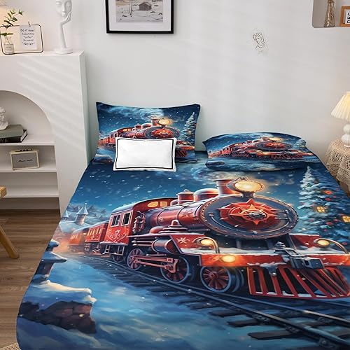 Miniatura 4 de zcsm Train Sheets Queen Size - Christmas Bedding Sheets & Pillowcases - 100% Microfiber, High Thread Count Print, Flat Sheet & Deep Pocket Fitted
