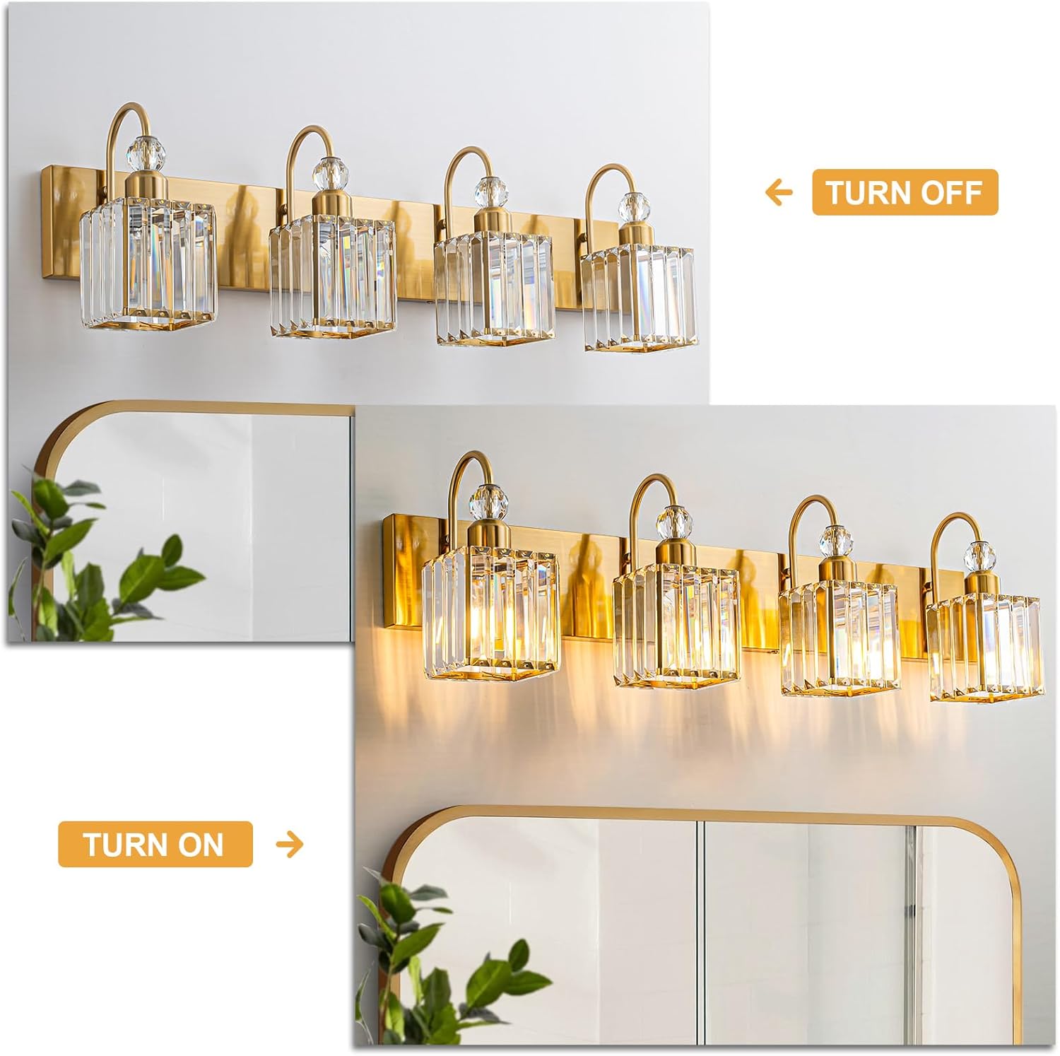 WILON Crystal Vanity Light, 4 Light Gold Crystal Vanity Lights – Bathroom Light Fixtures Over Mirror with Square Shade Wall Sconce for Bathroom, Vanity Mirror, Hallway (Bulbs Not Included)