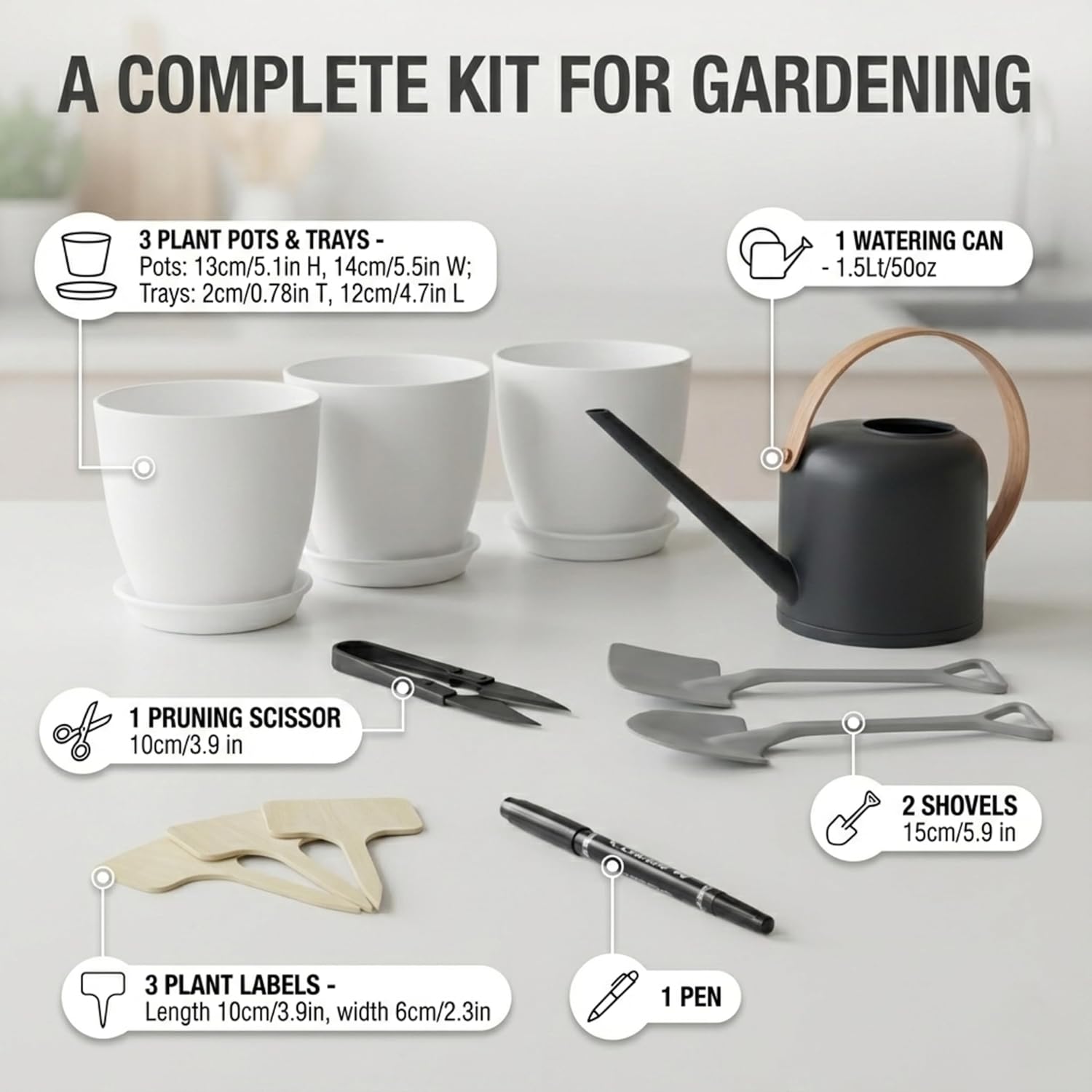 Indoor Garden Kit - Plant Pots with Drainage, Watering Can & Tools - Ideal Windowsill Planter Set - Modern Home & Kitchen Decor Gift - White