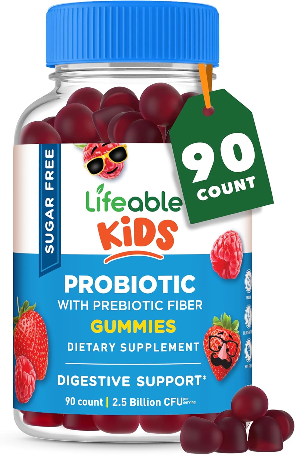 Lifeable Sugar Free Probiotics with Prebiotics Fiber for Kids – Great Tasting Natural Flavor Gummy Supplement – Keto Friendly Probiotic Chewable – 90 Gummies