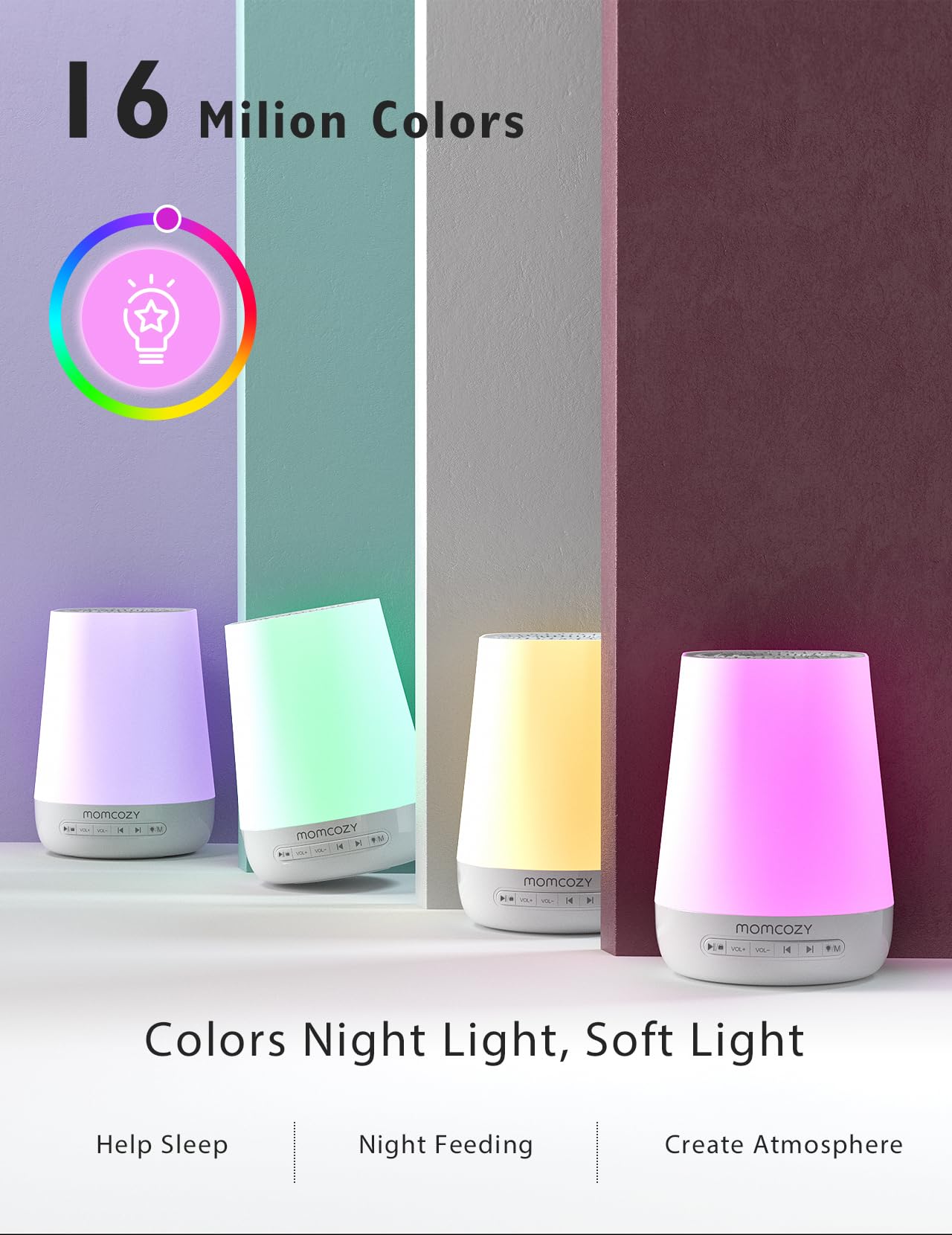 Momcozy DB03 White Noise Machine Baby, Mit 34 Geräuschen Therapy, Nachtlicht, 7 Farben APP-Steuerung Timing, Weiß