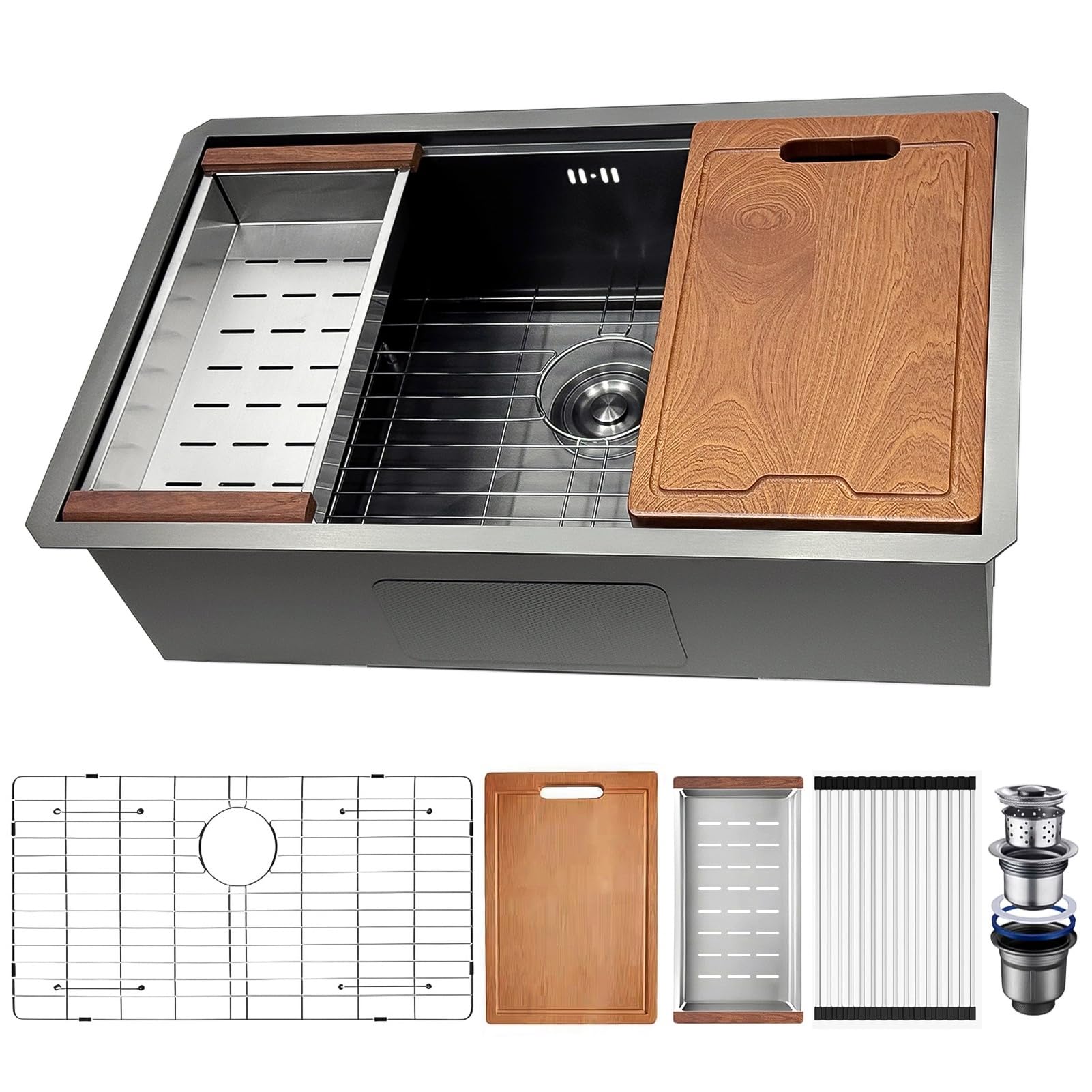 ZQFHSX Kitchen Sink, Stainless Steel, Black, Anthracite, 75 x 50 cm, with Draining Rack, Drip Basin, Chopping Board, Siphon, Drain Pipe, Undermount or Countertop 1 Sinks Sink